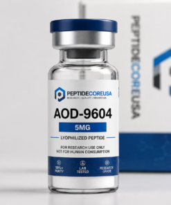 Glass vial labeled "AOD-9604 5 mg" with the PeptideCoreUSA brand, containing lyophilized powder for laboratory research use.