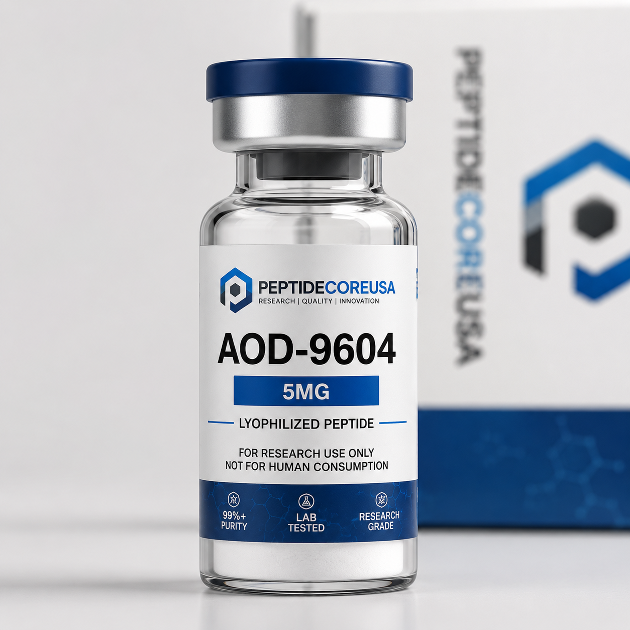AOD-9604 5mg Research Vial Glass vial labeled "AOD-9604 5 mg" with the PeptideCoreUSA brand, containing lyophilized powder for laboratory research use.