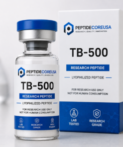TB-500 research peptide vial with PeptideCoreUSA label and lyophilized powder