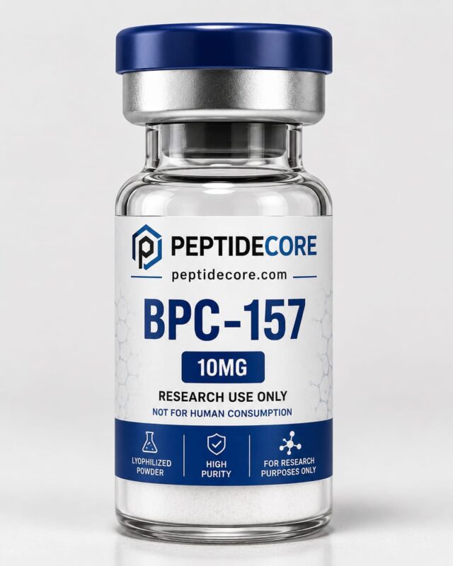 BPC-157 10mg research peptide vial by Peptide Core USA with lyophilized powder