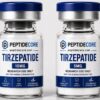 Glass vial labeled "Tirzepatide 10 mg" containing lyophilized powder.