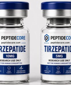 Glass vial labeled "Tirzepatide 10 mg" containing lyophilized powder.